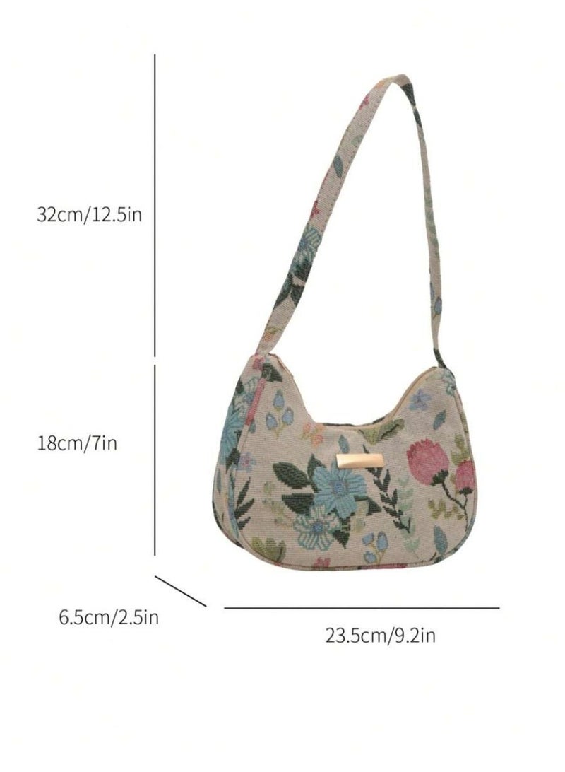Women’s Vintage Floral Shoulder Bag – Retro Tapestry Fabric Handbag with Crescent Shape - Image 3